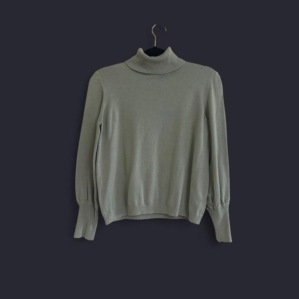 Sage Green Turtleneck Sweater Women Large Puff Shoulder Ribbed